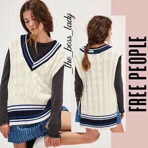 Free People Cream and Blue Cable Knit Sweater Vest